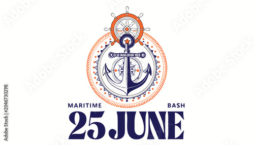 Foto Detailed maritime anchor icon with a ship wheel and date text
