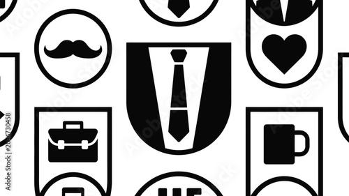 Photos Abstract pattern design with repeating mustache tie heart and briefcase icons on white