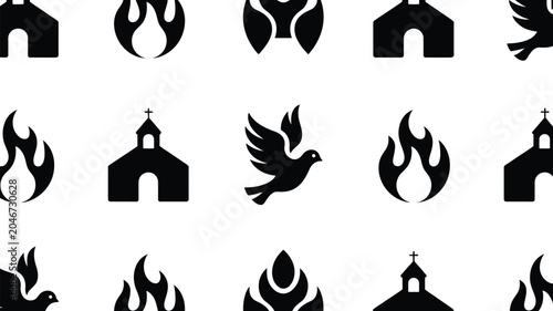 Fotografie Christian symbols icons set featuring churches fire flames and flying doves for worship