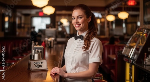 Smiling waitress in retro diner uniform standing behind the counter.