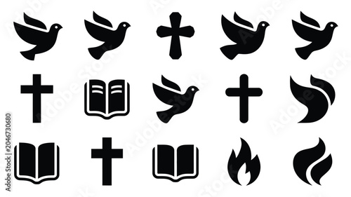 Canvas Print Religious christian symbols set with doves, crosses, flames, and open bibles
