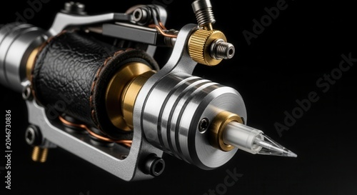Tattoo machine with metal parts closeup.