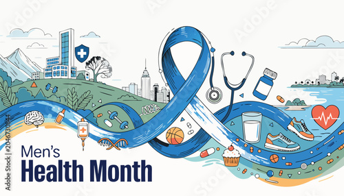 Blue awareness ribbon representing important mens health month medical campaign