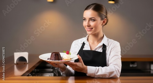 Smiling waitress presenting a delicious dessert plate in a restaurant.