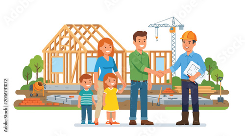 Happy Family and Architect Shaking Hands at New House Construction Site, Real Estate and Dream Home Concept Illustration