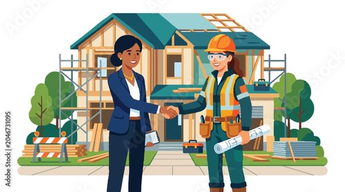 Successful Partnership between Female Real Estate Agent and Construction Manager Shaking Hands in Front of a New Building Project Site