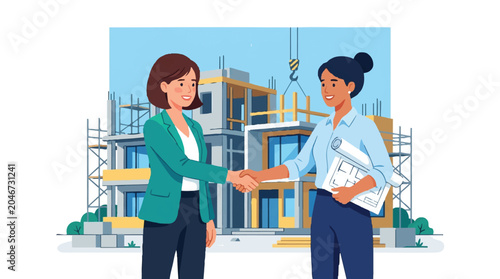 Two Professional Women Shaking Hands at House Construction Site, Architect and Client Partnership Concept Illustration
