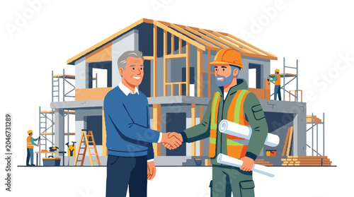 Contractor and Client Handshaking in Front of House Under Construction. Real Estate Development, Home Renovation, and Professional Agreement Concept Vector Illustration.
