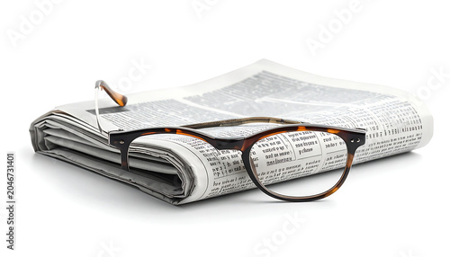 Folded newspaper with reading glasses and thumbtack, news reading and information concept