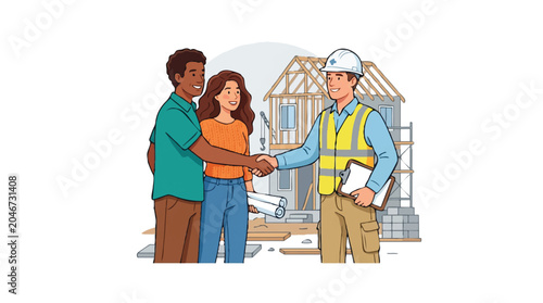 Interracial Couple Shaking Hands with Construction Contractor or Architect at New Home Building Site Vector Illustration