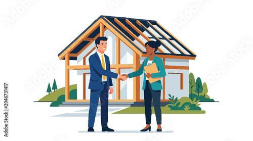 Professional Real Estate Agent Shaking Hands with Client in Front of House Under Construction, Vector Illustration for Property Deal and Architecture Project