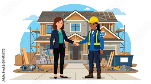 Female Homeowner and Contractor Shaking Hands in Front of House Under Construction - Home Renovation and Real Estate Concept