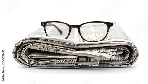 Folded newspaper with reading glasses on top, information and news concept