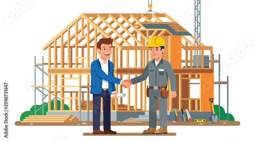 Businessman and Contractor Shaking Hands at House Construction Site Flat Vector Illustration