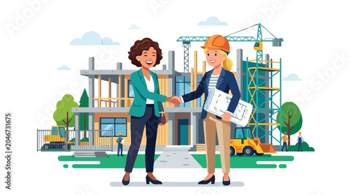 Professional Female Architect and Real Estate Developer Shaking Hands at Construction Site of Modern Residential House - Flat Vector Illustration