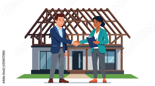 Real Estate Agent and Contractor Shaking Hands in Front of House Under Construction. Successful Property Deal, Home Building Concept, and Mortgage Approval Illustration.
