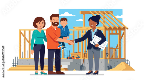 Happy Family Shaking Hands with Real Estate Agent or Architect in Front of New House Under Construction. Vector Illustration of Home Building Concept and Property Purchase.