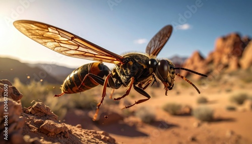 A Cicada Killer Wasp in Mid-Flight, Hunting in a Desert Landscape