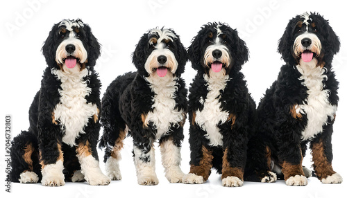 Four Bernese mountain dogs sit attentively on a white background, tri-color coats, fluffy fur, happy expressions, playful pets, animal companions