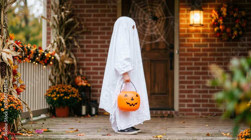 Quadro su tela Child dressed as a ghost holding a jack-o-lantern candy bucket on a porch decora
