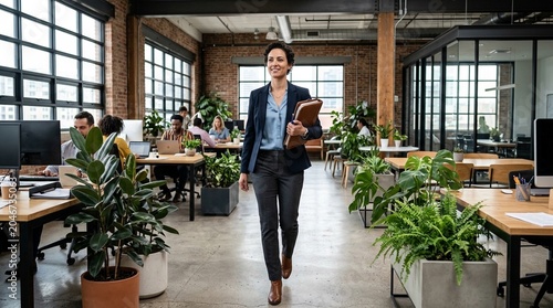 Professional Woman Holding Folder Walking Through Modern Office – Determined Business Stock Photo