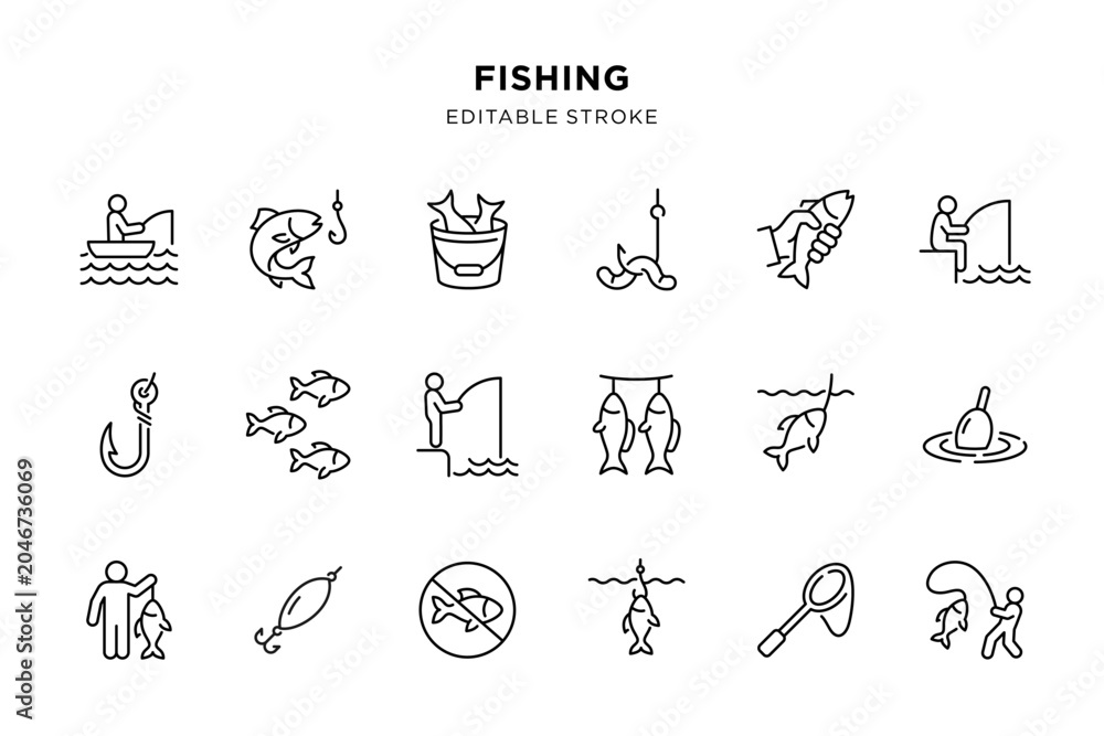 Obraz premium Fishing line icon set with editable stroke