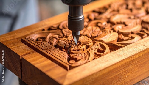 Intricate wood carving with a precision CNC machine creating detailed ornate patterns