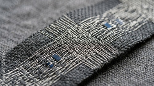 Intricate Woven Fabric Texture with Metallic Threads and Blue Accents