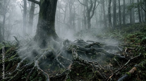 Mysterious and Eerie Forest Landscape with Exposed Gnarled Roots and Dense Fog