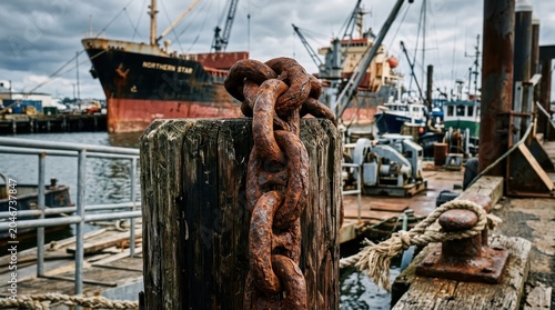 Thick Rusty Anchor Chain Secured to Weathered Wooden Post at Busy Port Dock with Ships in Background