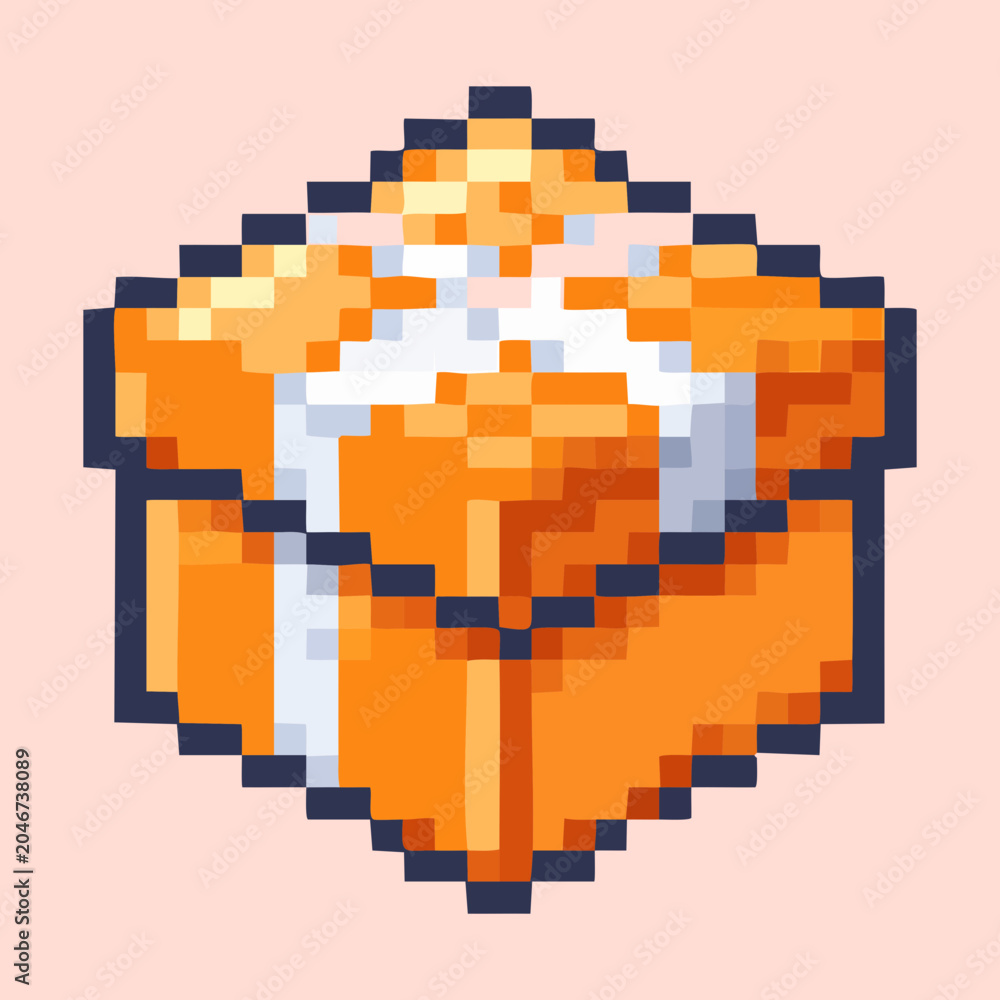 Fototapeta premium Classic orange present gift box container tightly wrapped in white ribbon bow decoration for birthday celebration rewards shop pixel art