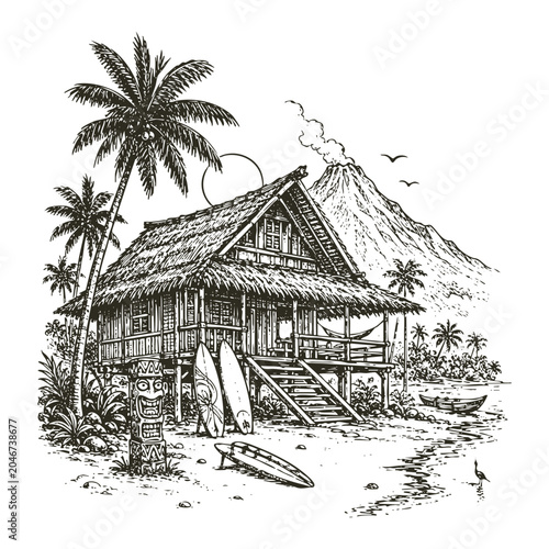 Obraz na płótnie Vintage Woodcut Style Tropical Tiki Hut Beach Scene with Surfboards and Volcano