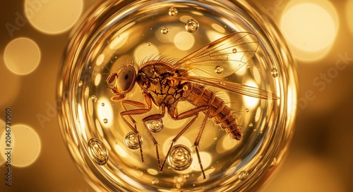 Insect Fly 3D Render Encased in Golden Amber Sphere with Bubbles and Bokeh Background for Design