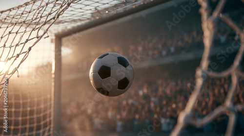 A soccer ball flies into the net during a match with a large crowd in a stadium at sunset