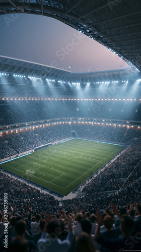 A large crowd of fans watches a football match in a modern stadium under bright floodlights during the evening