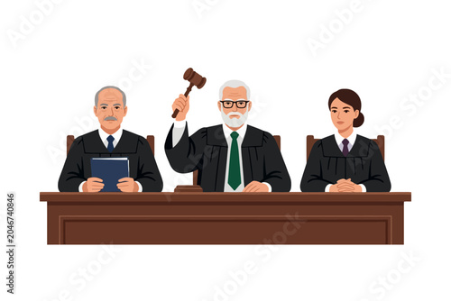 Fotografie Judicial panel sitting behind bench holding gavel