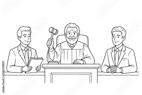 Obraz na plátně Judge with gavel and attorneys in courtroom line art illustration