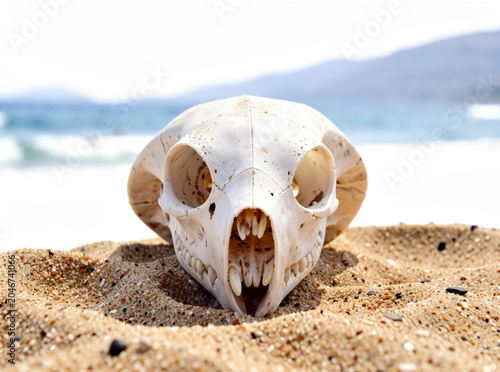 Haunting Beach Scene with Dog Skull