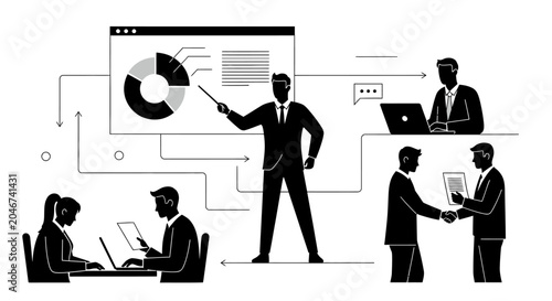 Business Team Collaboration and Presentation Vector Illustration
