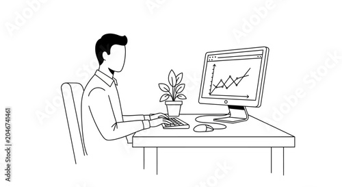 Man Working at Computer with Data Chart Line Art