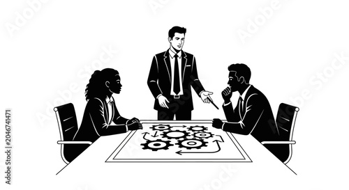 Business Team Meeting with Gear Process Diagram Vector Illustration