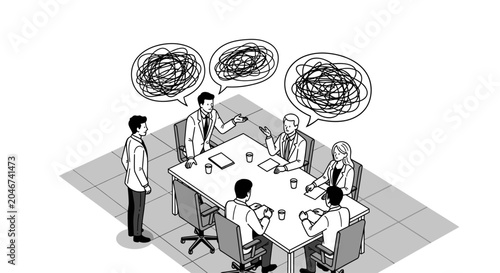 Isometric Business Meeting with Confused Speech Bubbles Vector Illustration