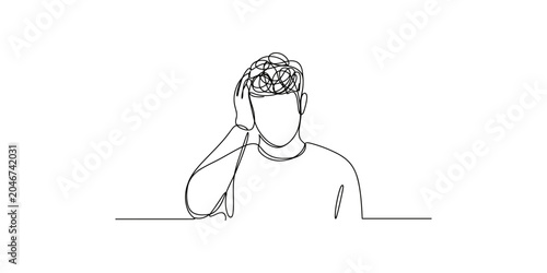Tableau sur toile Continuous line drawing of a stressed man sitting at a table with his hand on hi
