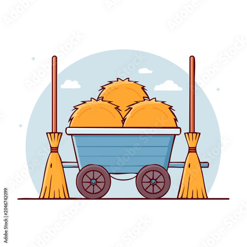 Flat design illustration of a hay cart with brooms