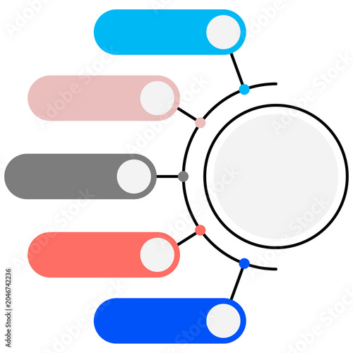 A modern infographic design featuring five horizontal rounded text boxes connected to a central circular element, perfect for business presentations.