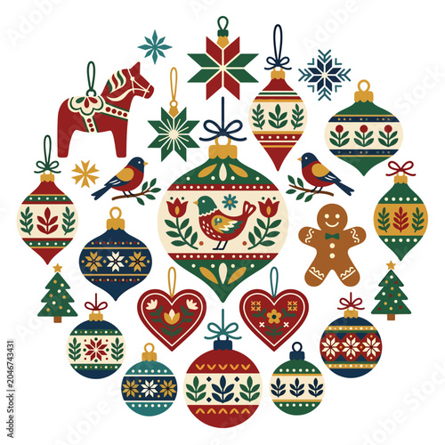 Set of decorative christmas ornaments featuring traditional folk art patterns christmas ornaments decorations illustration seasonal celebration tradition