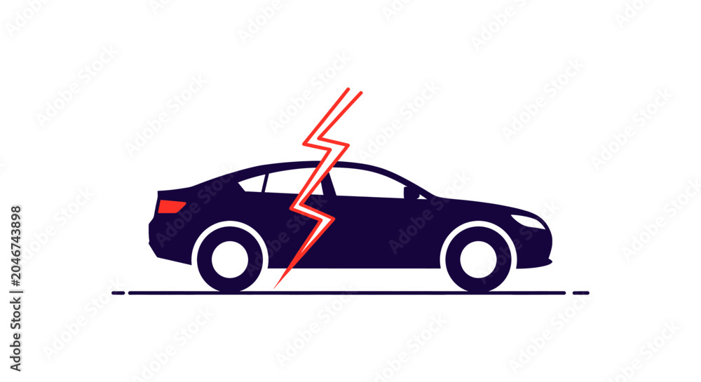 Fototapeta premium A vector illustration of a dark blue sedan car with a red lightning bolt indicating a breakdown or electrical problem.