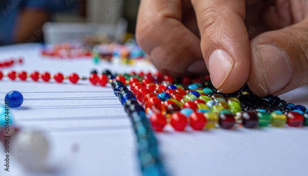 Fototapeta premium Artisan hands stringing vibrant colorful beads to create intricate handmade jewelry