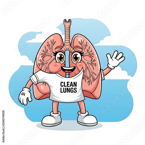 Happy cartoon lungs character holding clean air balloons.
