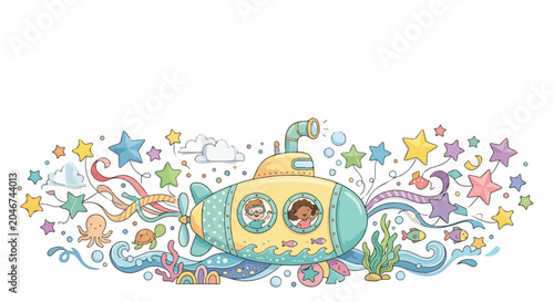 Tableau sur toile A whimsical vector illustration featuring two children in a yellow submarine, surrounded by colorful stars, sea creatures, and bubbles